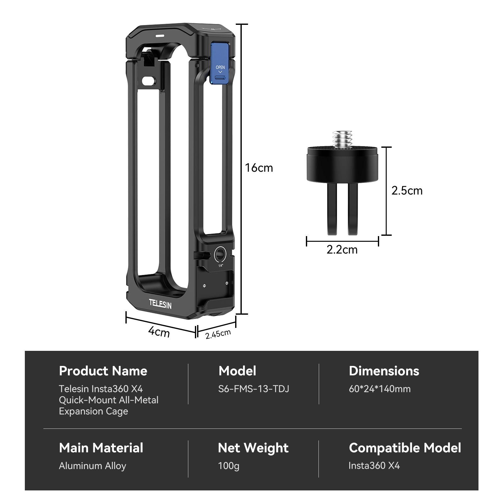 Telesin Full Metal Expansion Cage For Insta360 X4