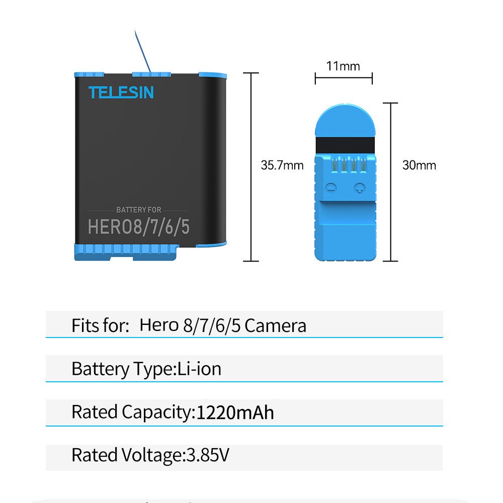 TELESIN 1220mAh Lithium-Ion Rechargeable Battery for GoPro 5/6/7/8 - telesinstore